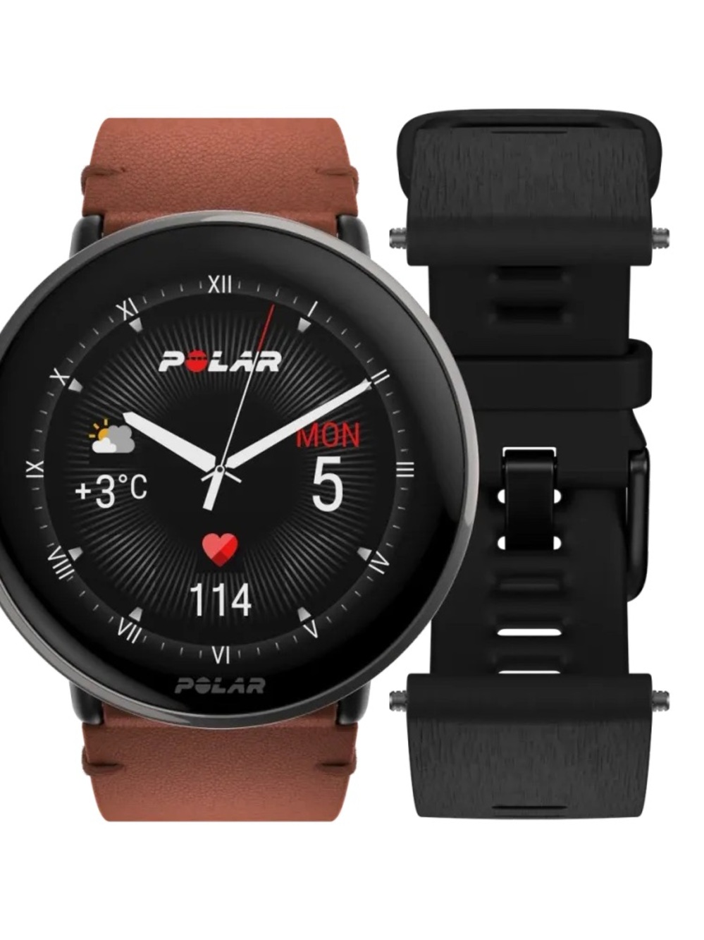 NWOB Polar Men's Smartwatch with Brown Leather Strap and Black Sport Band